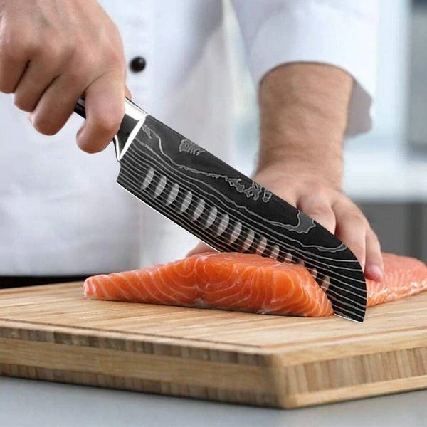 Ensemble de couteaux de cuisine japonais professionnels, lames damas tranchantes pour chef.