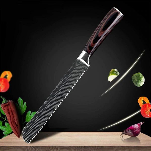 Ensemble de couteaux de cuisine japonais damas, parfaits pour éplucher, découper et trancher.