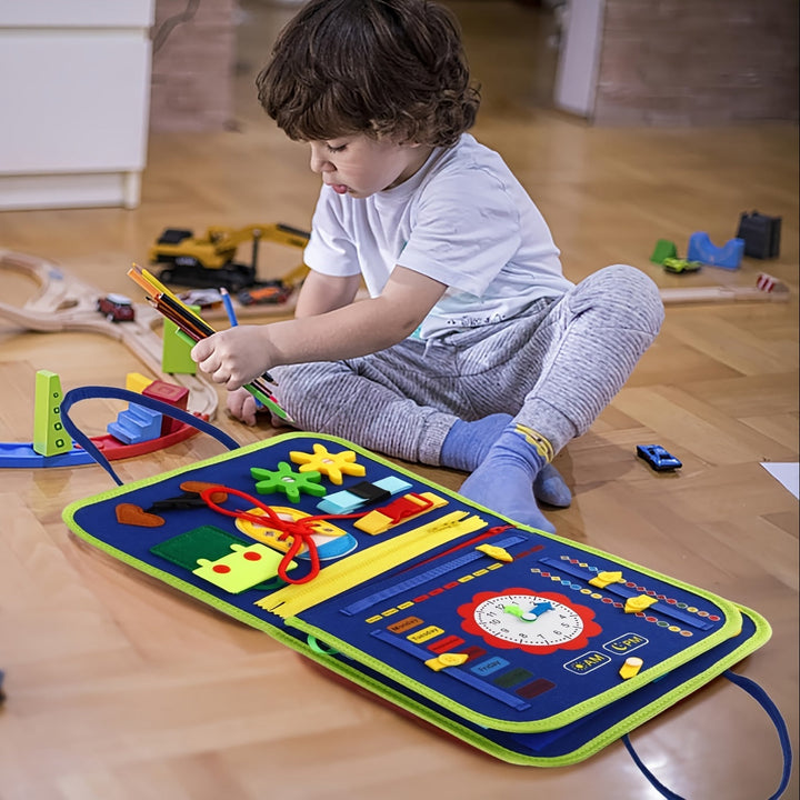 Jouet d'activités sensoriel éducatif pour tout-petits, favorisant le développement et la motricité.