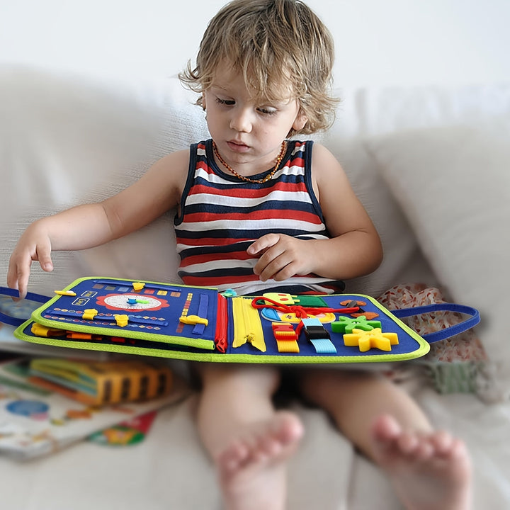 Jouet sensoriel éducatif 25-en-1 pour tout-petits, idéal voyage. Motricité et apprentissage enfant.