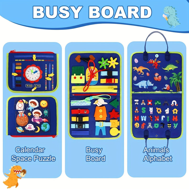 Jouet sensoriel multifonction 25-en-1 enfant. Boucles, fermetures et textures pour apprentissage.