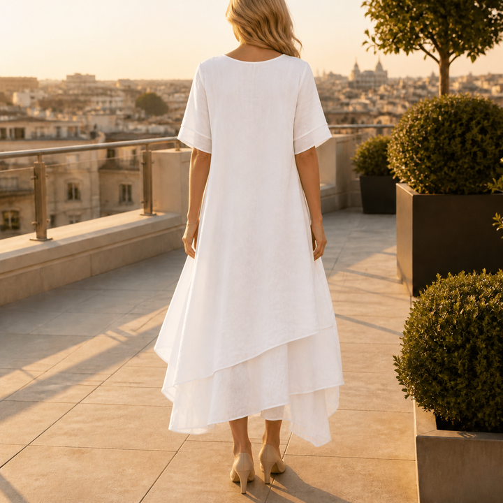 Robe midi fluide femme, mode élégante, idéale pour cérémonie, mariage, invitée ou soirée.