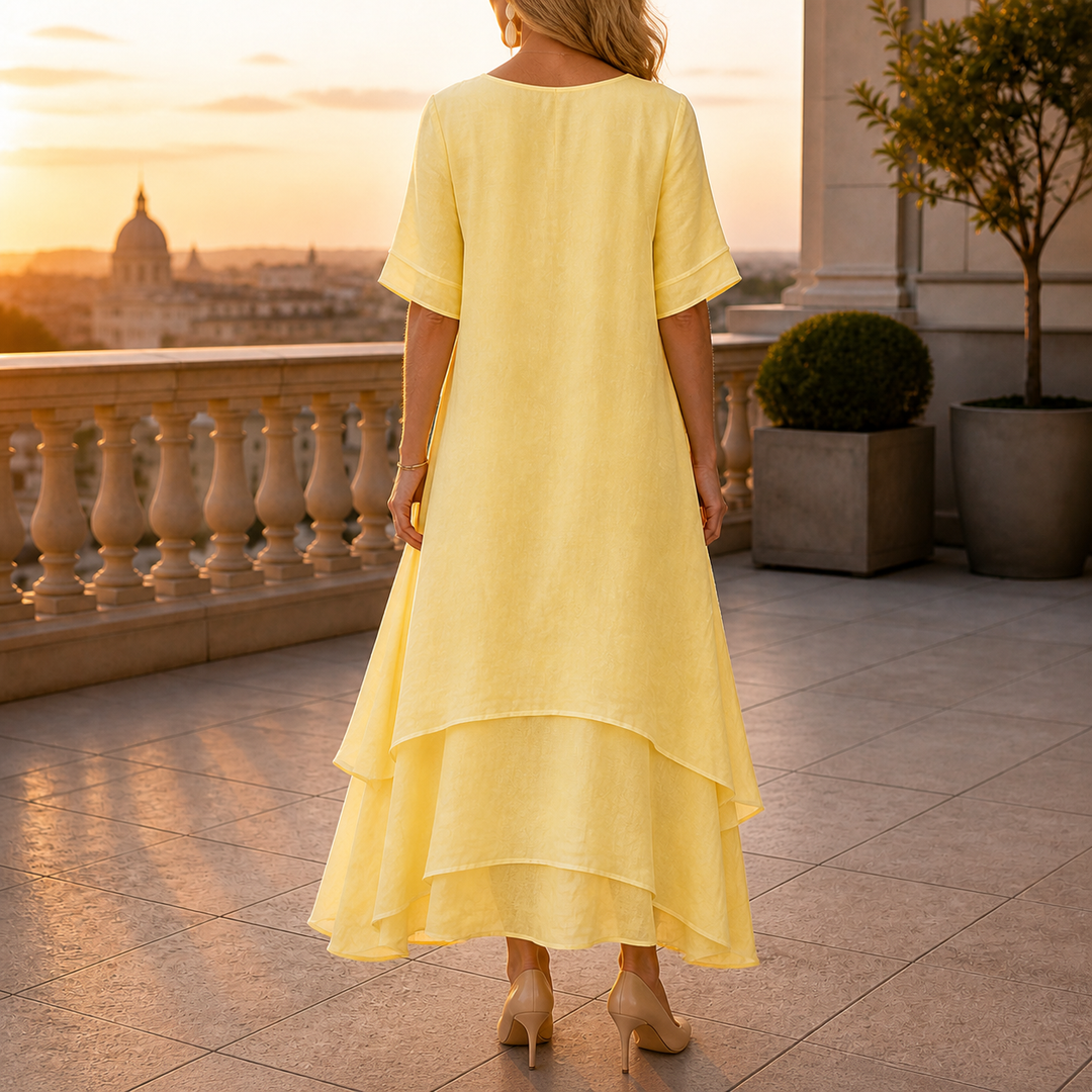 Robe midi fluide femme, chic et confortable, idéale pour mariage, cérémonie ou soirée décontractée.