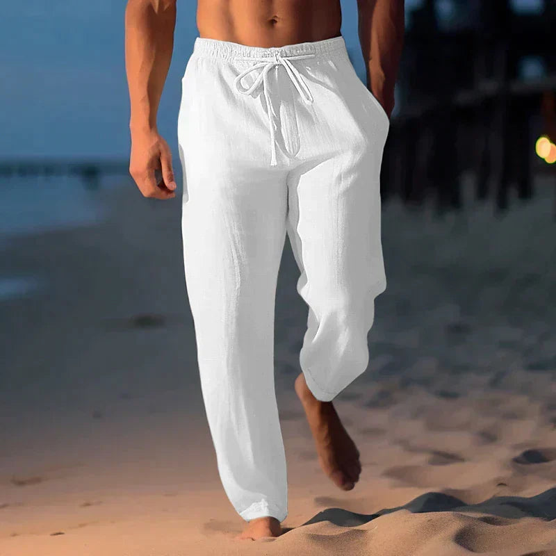Bas homme décontracté en lin, taille élastique, offrant confort estival et look chic. Parfait pour l'été.