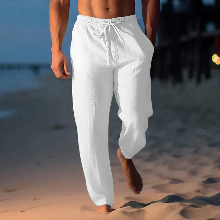 Bas homme décontracté en lin, taille élastique, offrant confort estival et look chic. Parfait pour l'été.