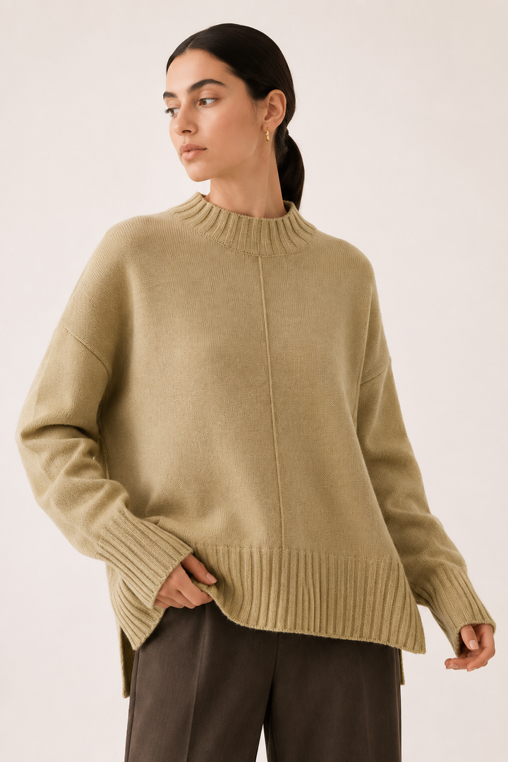 Pull-over femme confortable et décontracté, coupe oversize avec col montant. Parfait pour l'hiver.
