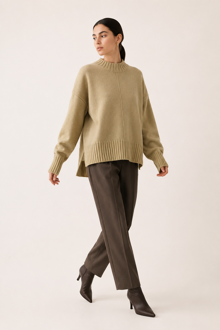 Pull oversize femme élégant Greta, col montant et ourlet asymétrique. Idéal mode automne-hiver.