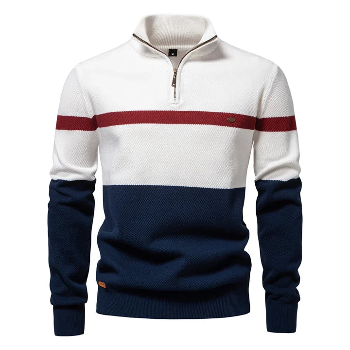Pull homme maille rayée, col demi-zip. Vêtement essentiel pour le style urbain.