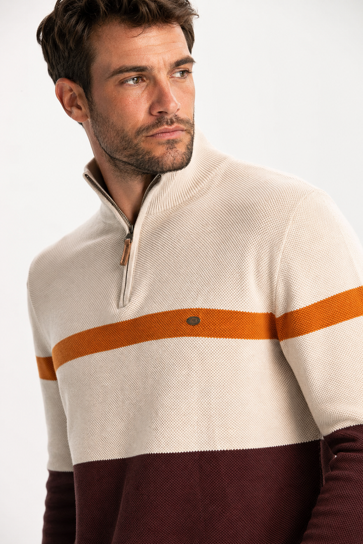 Chandail homme en maille à rayures, avec col montant et demi-zip, style moderne.