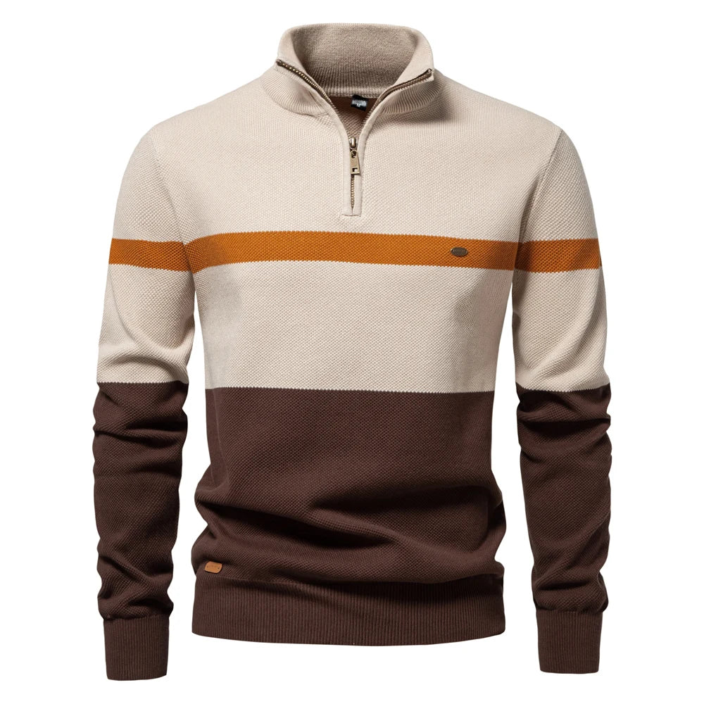 Pull homme élégant en maille rayée, col demi-zip pour un confort quotidien.