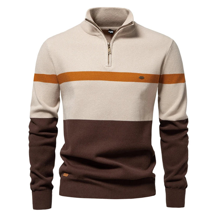 Pull homme élégant en maille rayée, col demi-zip pour un confort quotidien.