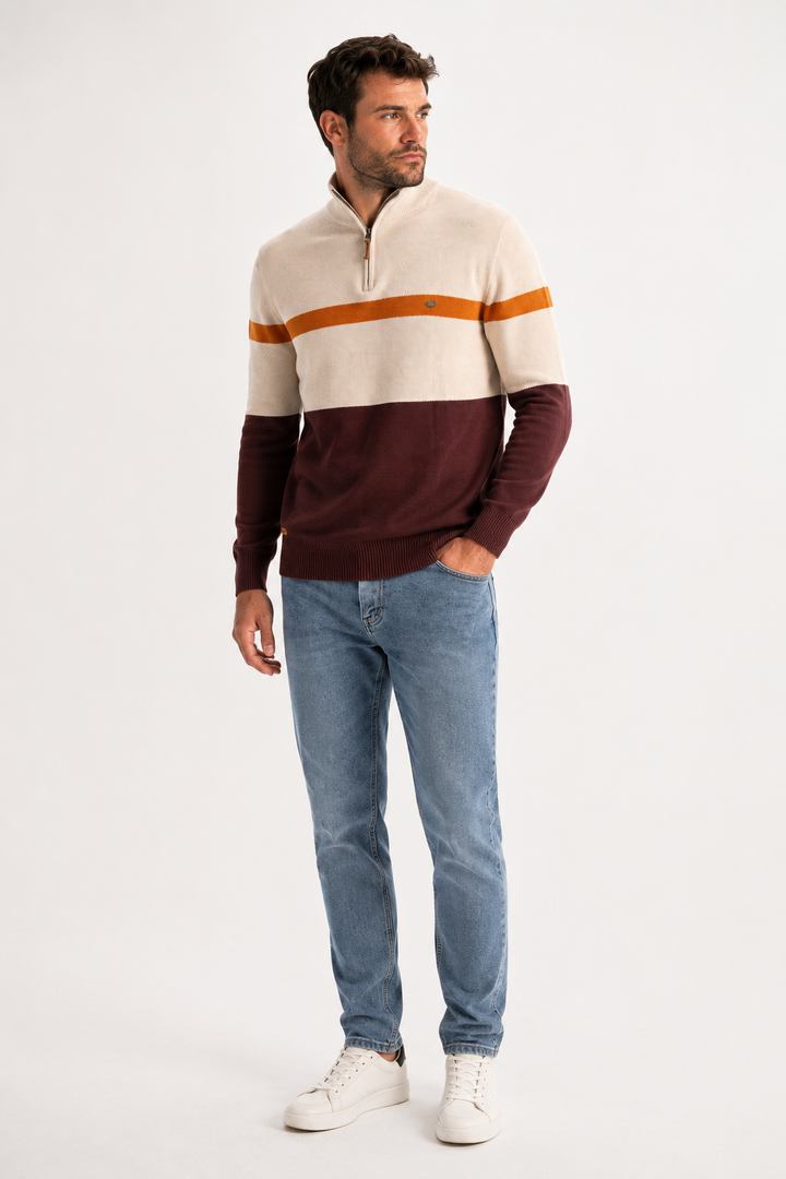 Pull maille rayé homme décontracté, col demi-zip. Idéal pour l'automne-hiver.