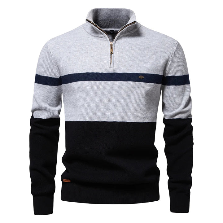 Confortable pull homme en maille rayée, col demi-zip. Idéal pour un look casual.