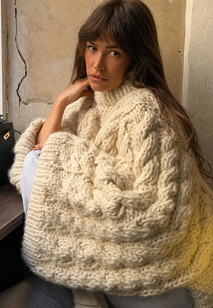 Pull oversize rose élégant, col montant. Manches évasées pour un look décontracté chic et confortable.