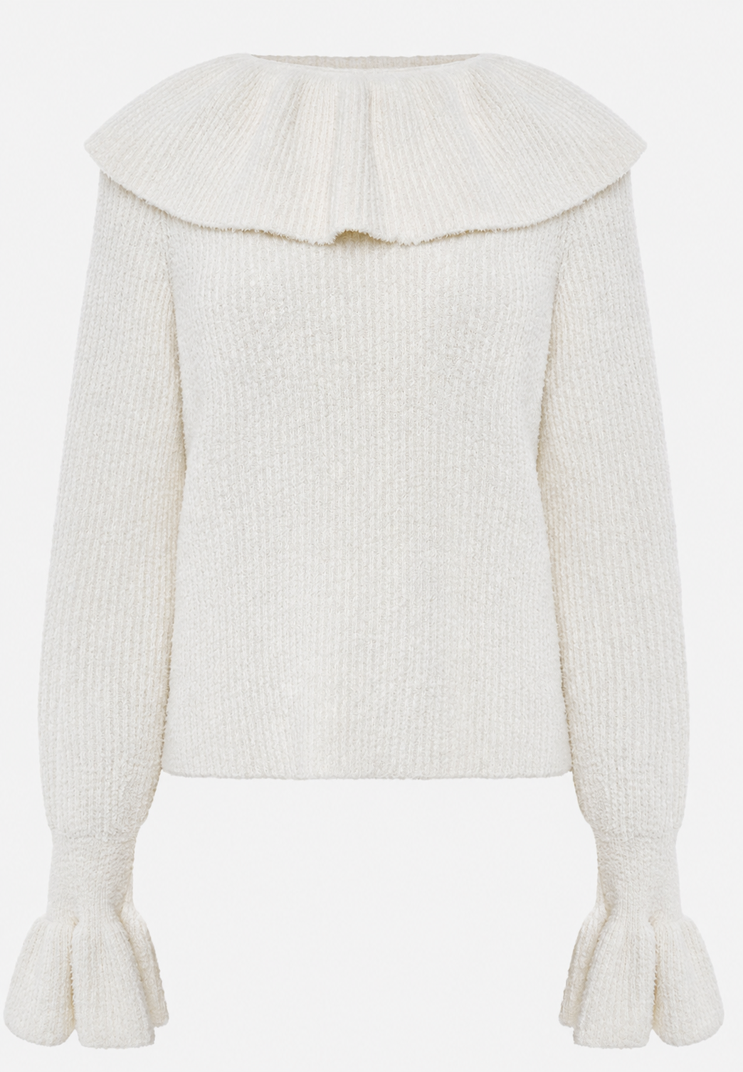 Pull femme mode, détails col volanté et manches évasées. Créez une tenue féminine chic et confortable pour l'automne.