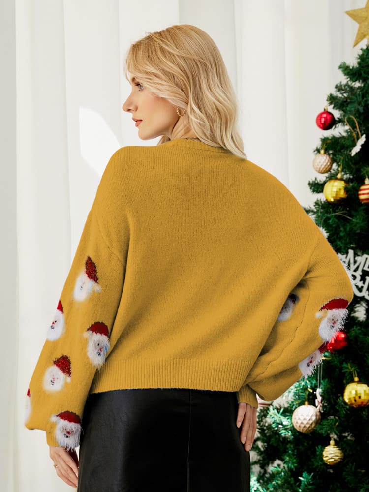 Pull de Noël femme douillet, manches longues, motif Père Noël joyeux, parfait pour rester au chaud cet hiver.