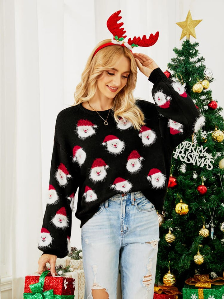 Pull de Noël femme festif, manches longues, motif Père Noël, confortable pour célébrer les fêtes d'hiver.