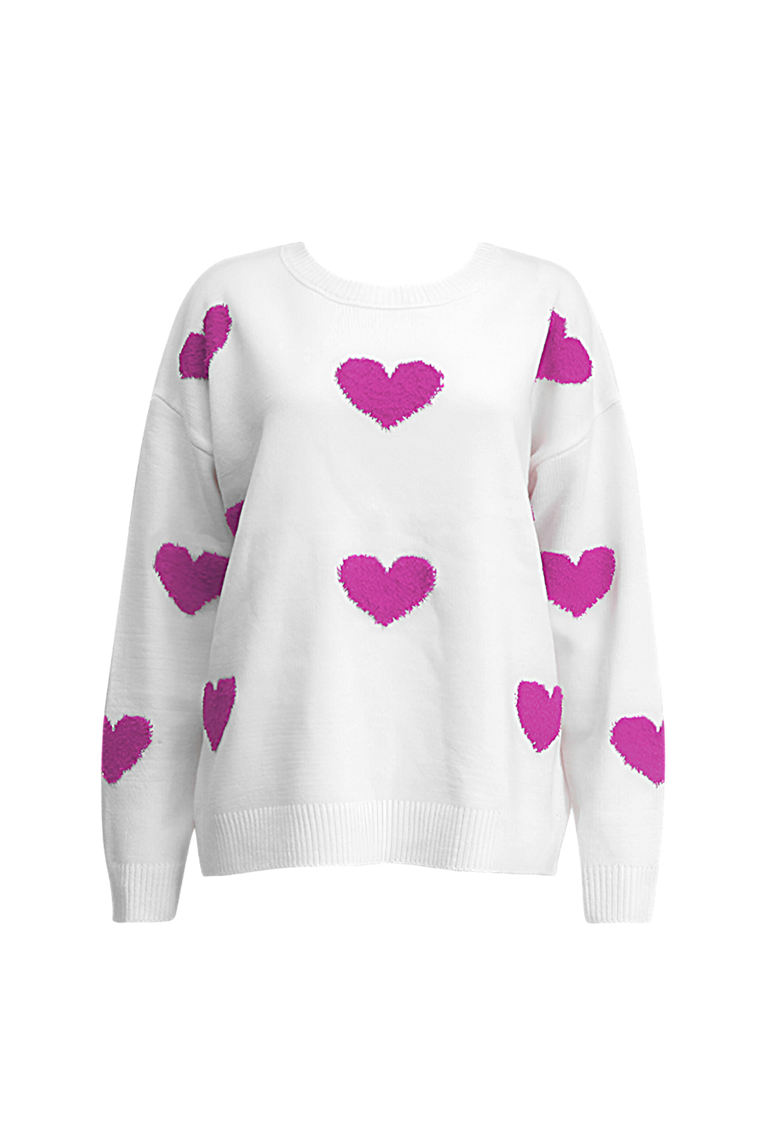 Pull femme oversize à motifs cœurs, versatile pour toutes occasions, allie confort et tendance mode.