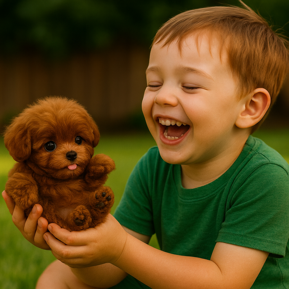 Enfant joue avec chiot interactif réaliste, jouet robotique doux. Compagnon câlin parfait pour le jeu.