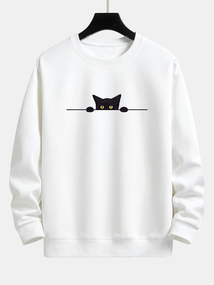 Vêtement streetwear unisexe: sweat-shirt noir original avec un grand chat noir imprimé, idéal pour un style fantaisie.
