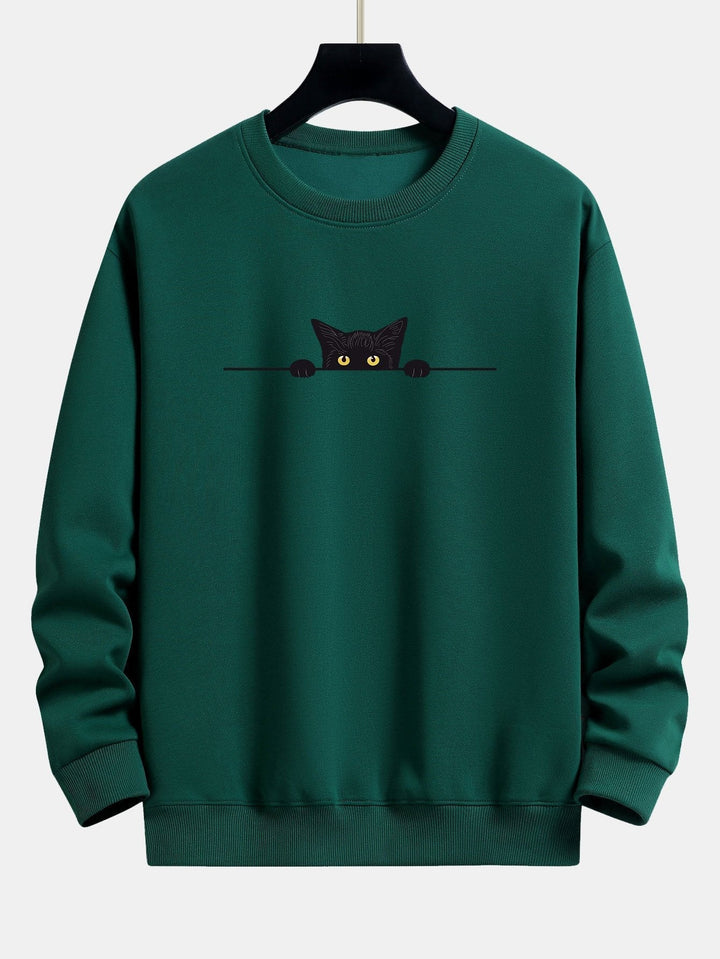 Sweat-shirt unisexe noir fantaisie avec chat noir imprimé, parfait pour le style streetwear confortable et moderne.