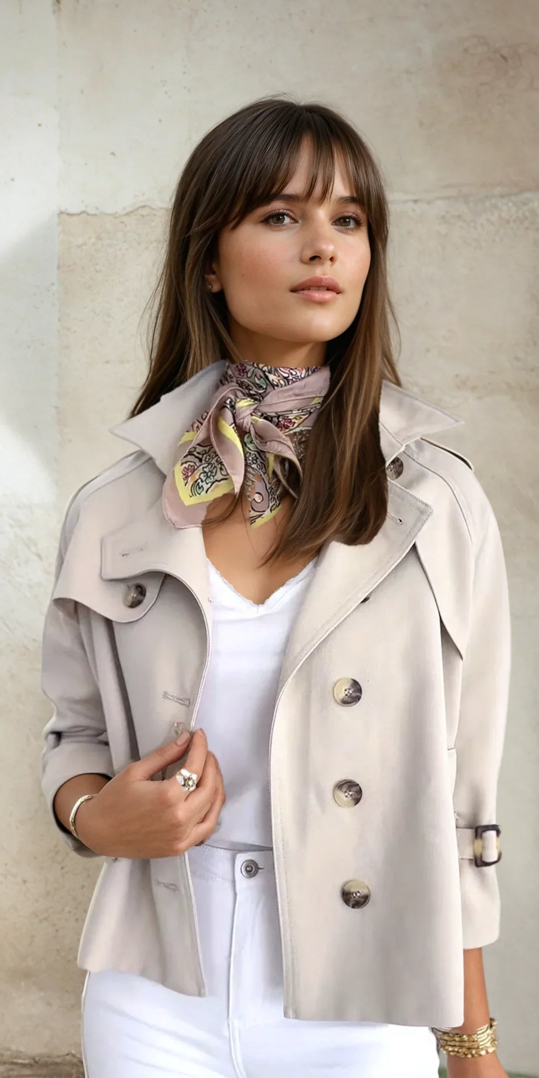 Manteau trench court femme beige, style mode élégant. Idéal pour la mi-saison printemps-automne.