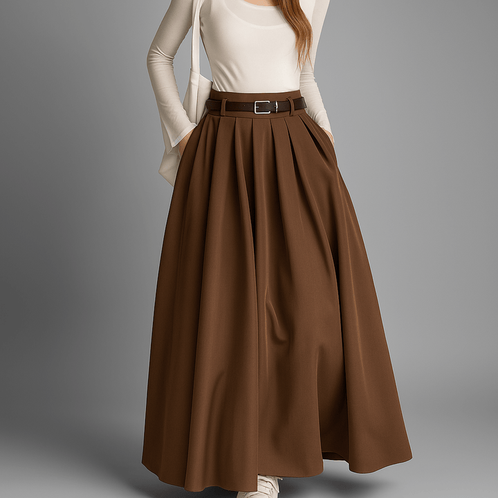 Jupe plissée longue taille haute élégante pour femme, style fluide, parfaite pour tenues décontractées ou formelles.