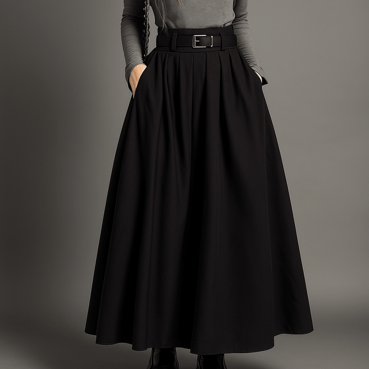 Jupe plissée femme longue et fluide, taille haute, style élégant, disponible en gris, noir, kaki pour mode féminine.