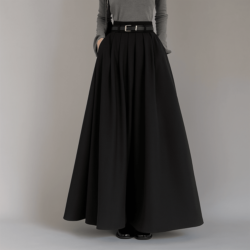 Jupe longue plissée taille haute femme couleur kaki, élégante et fluide, idéale pour diverses occasions printanières.