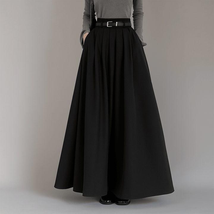 Jupe longue plissée taille haute femme couleur kaki, élégante et fluide, idéale pour diverses occasions printanières.