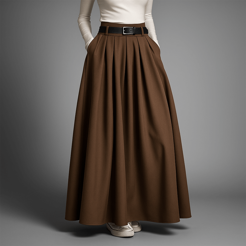 Jupe longue plissée taille haute femme, élégance fluide, parfaite pour un look chic ou décontracté de mode féminine.