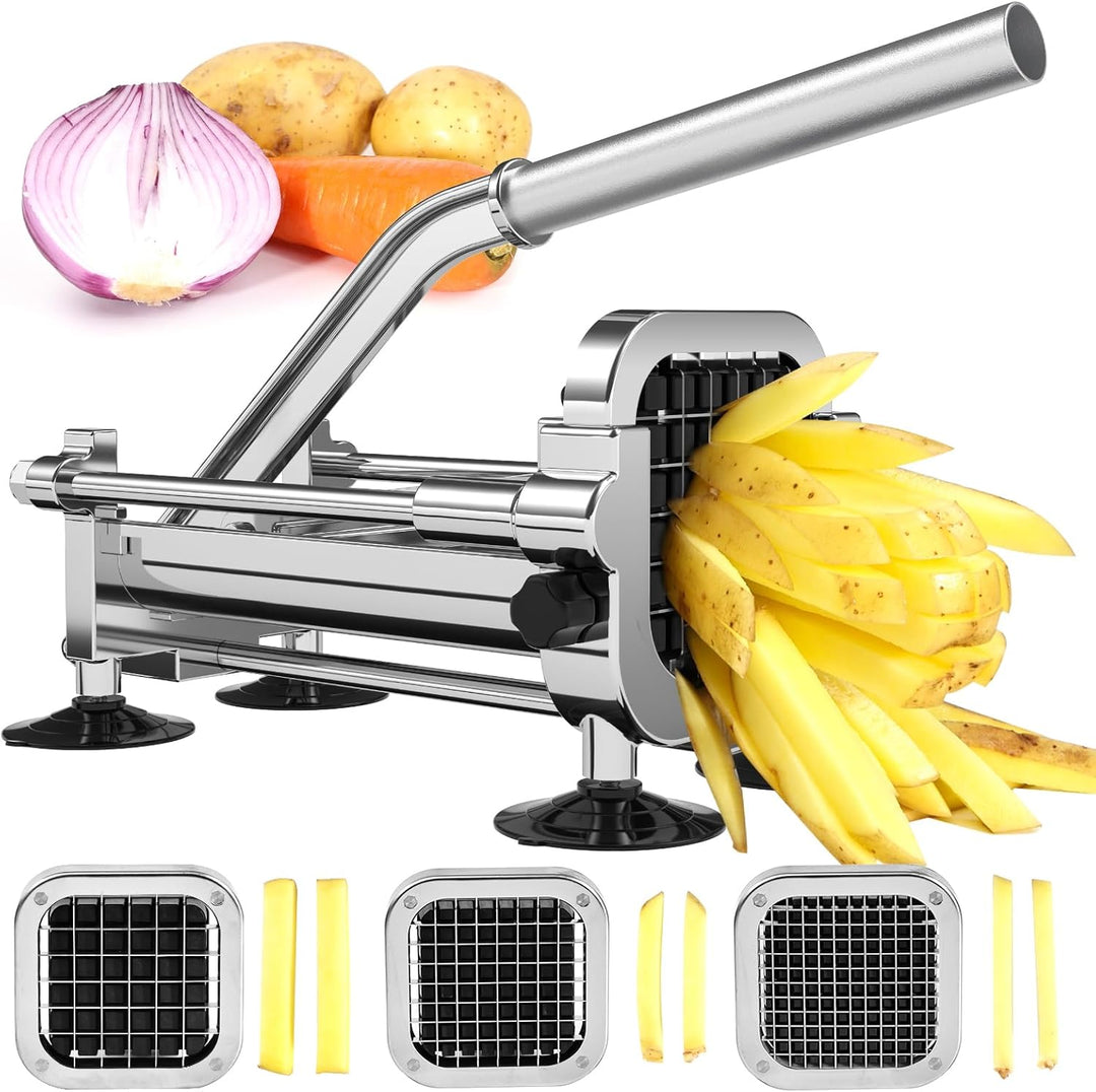 Coupe-légumes polyvalent en acier inoxydable pour découpe rapide et efficace de légumes et frites.