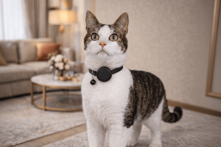 Collier chat sécurité, réfléchissant en nylon, avec support pour traceur GPS.