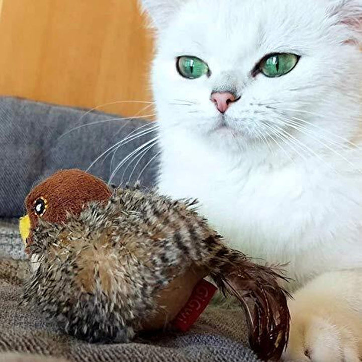 Jouet pour chat doté de plumes et de sons réalistes pour un divertissement interactif et stimulant.