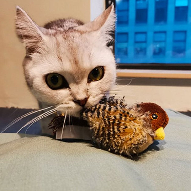 Jouet interactif pour chat, sons réalistes et plumes vibrantes, pour des séances de chasse amusantes.