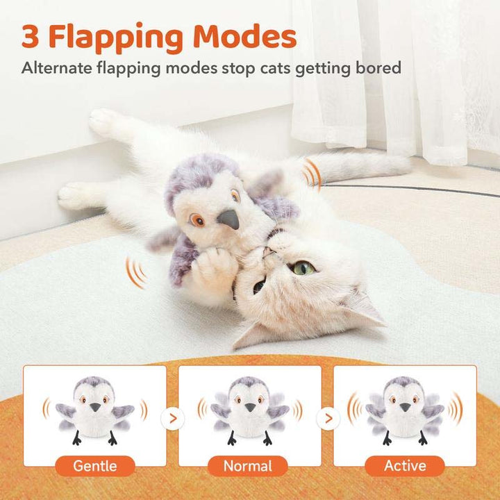 Jouet pour chat rechargeable avec plumes naturelles et sons de proie, parfait pour la stimulation féline.