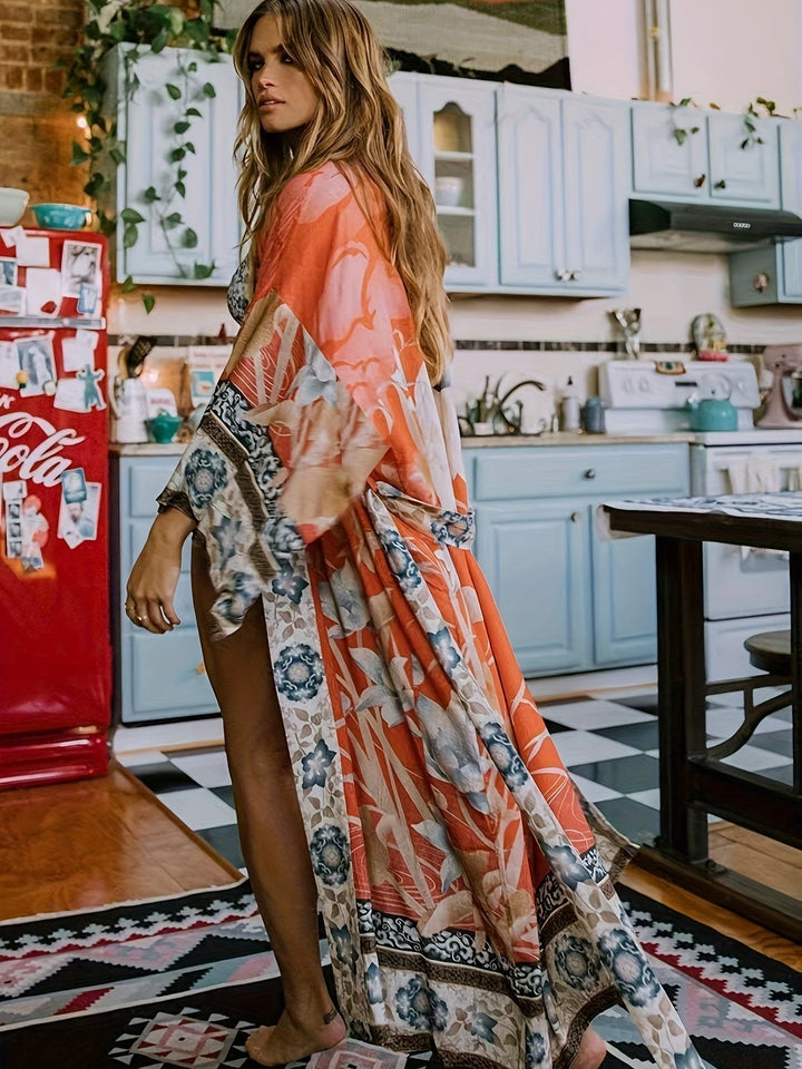 Kimono fluide pour femme, coton rose poussiéreux, motif floral délicat, idéal confort estival.
