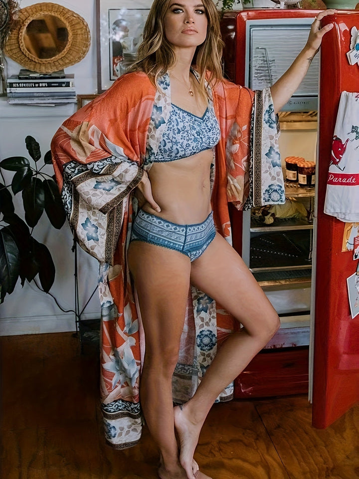 Kimono femme rose poussiéreux, 100% coton fluide et léger, motif floral estival, confort ultime.