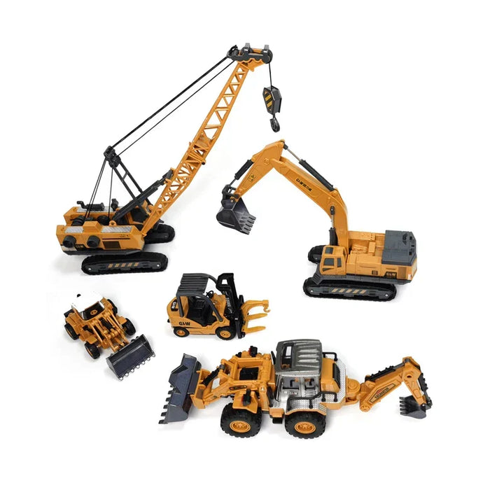 Ensemble de véhicules de construction pour enfants, incluant grue et pelleteuse. Parfait pour garçons et filles.