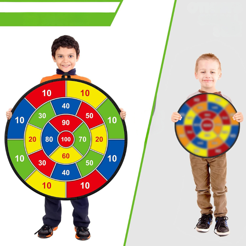 Fléchettes enfants double face, grandes cibles avec balles adhésives. Améliore la coordination et le jeu actif.