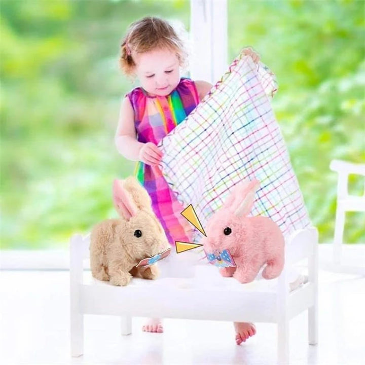 Lapin interactif coloré (rose, brun, blanc), jouet en peluche doux pour enfants, stimule l'éveil.