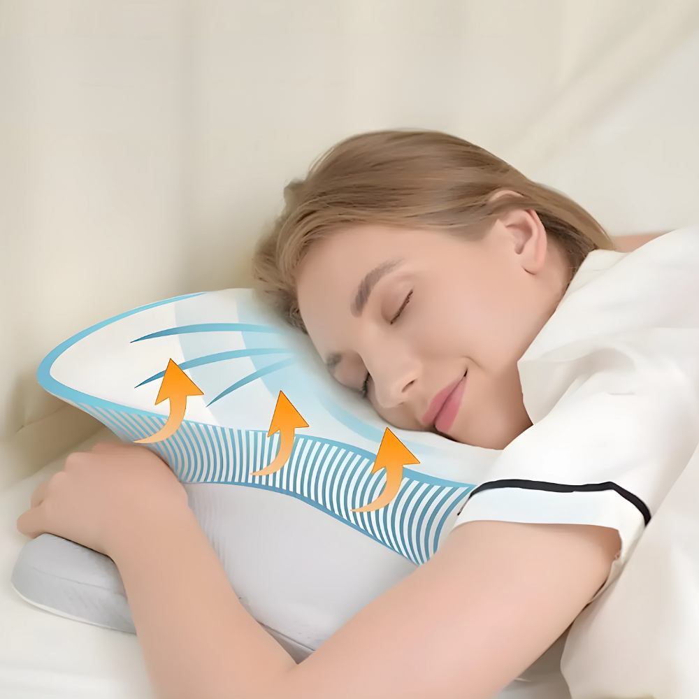 Oreiller ergonomique 3D OrthoSleep pour un confort cervical maximal et une literie de qualité supérieure.