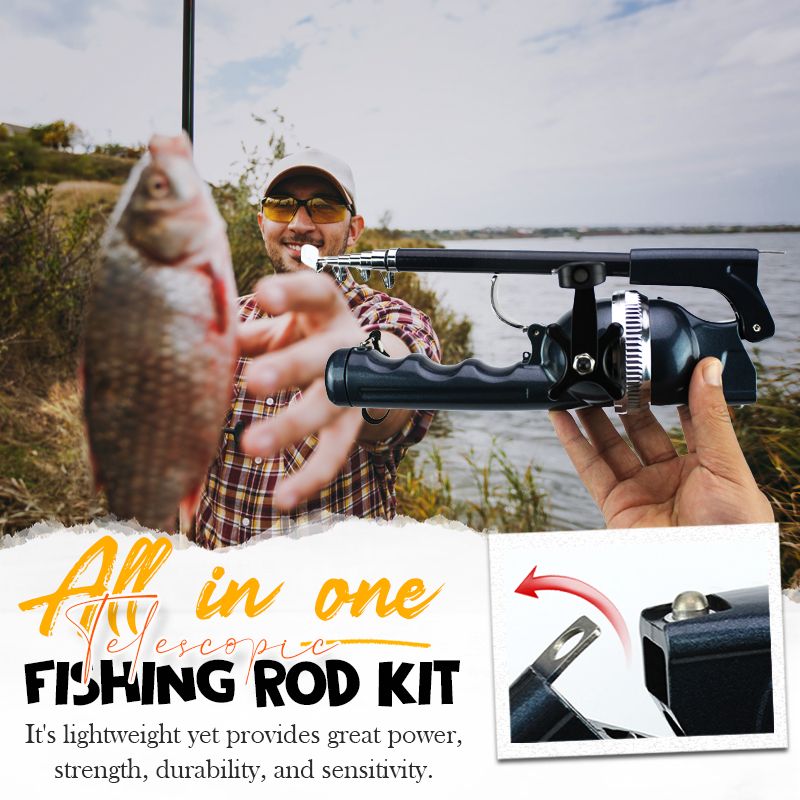 Kit de pêche télescopique ultra-portable avec moulinet, parfait pour la randonnée et le camping.