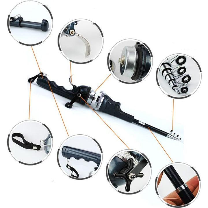 Canne télescopique et portable, accessoire essentiel pour la pêche en randonnée ou camping. Rangement facile.