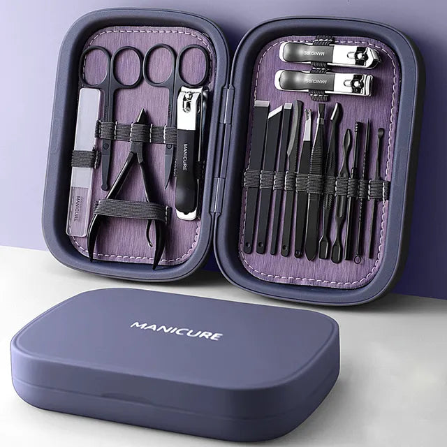 Kit manucure pédicure professionnel 18 outils en acier inoxydable, idéal pour soins des ongles mains pieds.