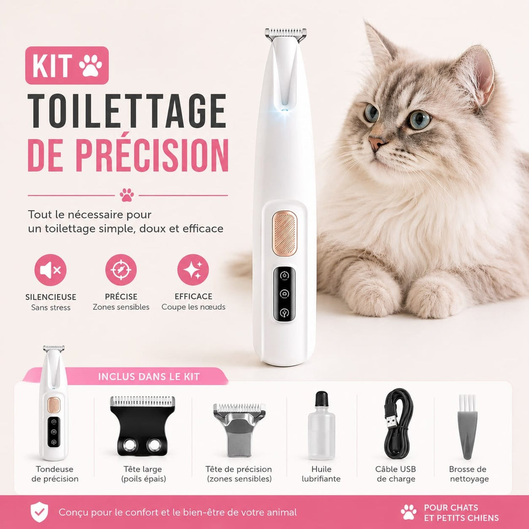 Tondeuse silencieuse pour chat à poils longs, design ergonomique, toilettage doux et anti-stress.