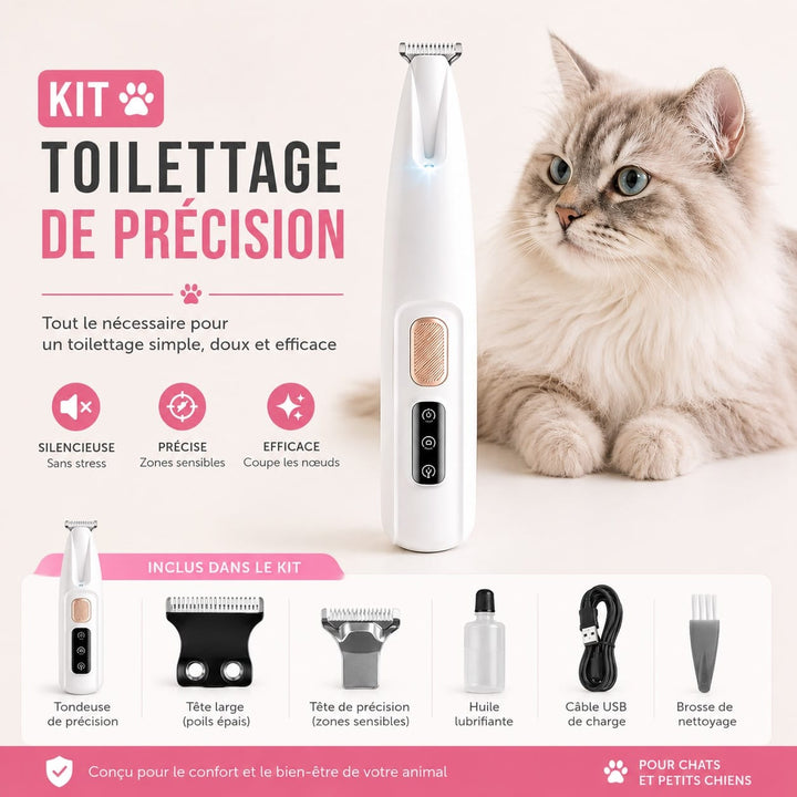 Tondeuse silencieuse pour chat à poils longs, design ergonomique, toilettage doux et anti-stress.