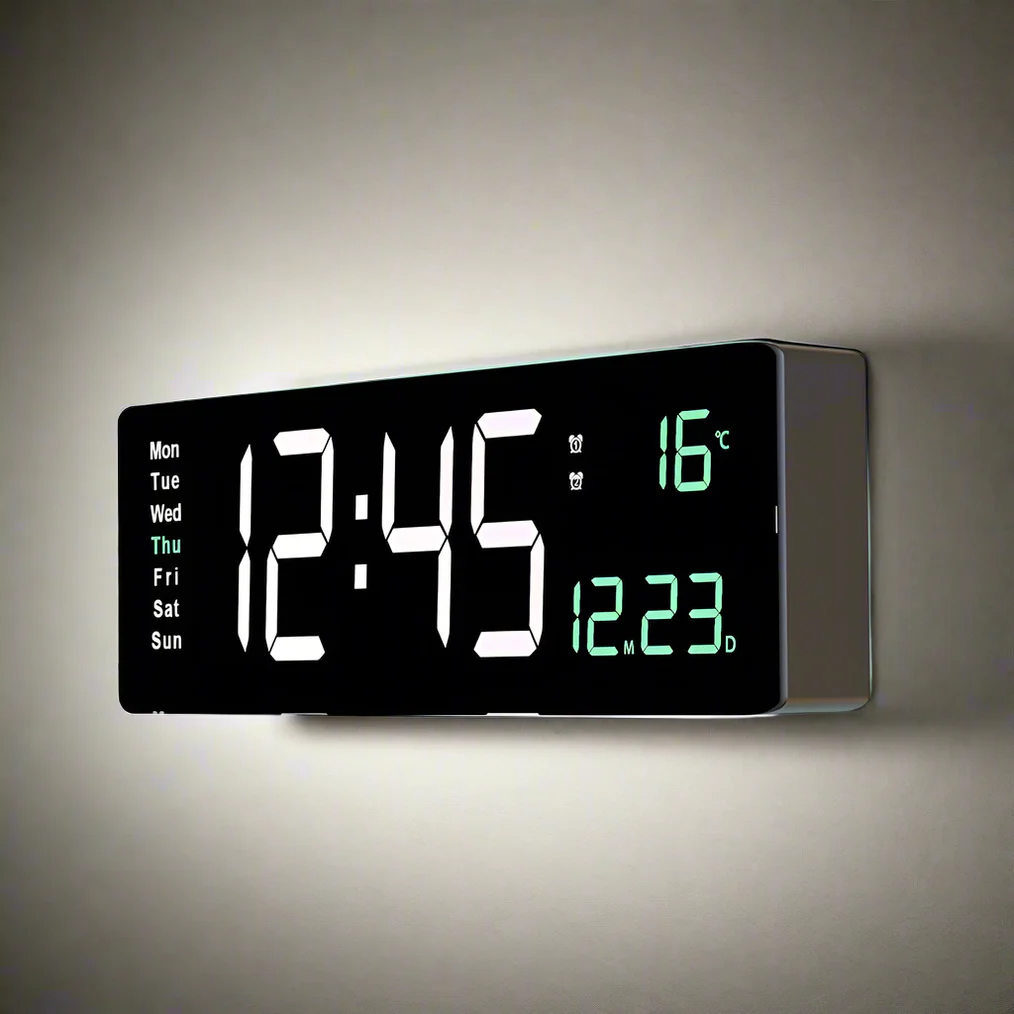 Design moderne pour cette horloge murale numérique LED, un élément de décoration intérieure lumineux.
