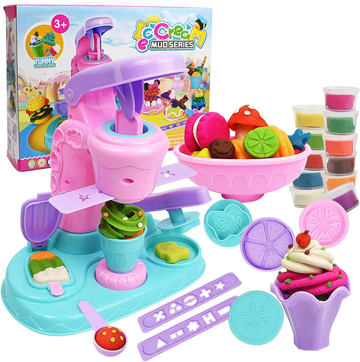 Jeu créatif enfant : machine à glace et pâte à modeler colorée pour développer l'imagination et la motricité fine.