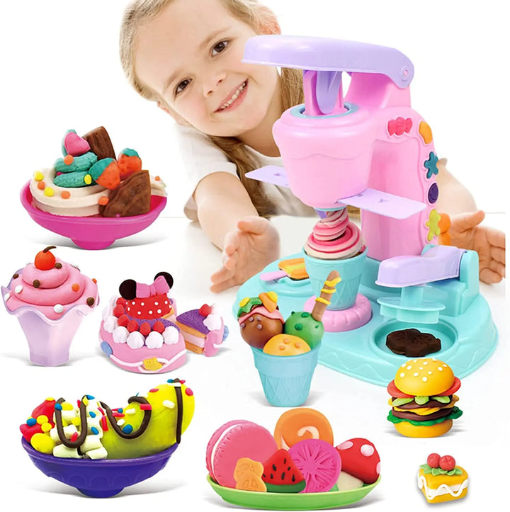 Enfants jouant avec machine à glace en pâte à modeler, stimulant la créativité et les loisirs éducatifs.